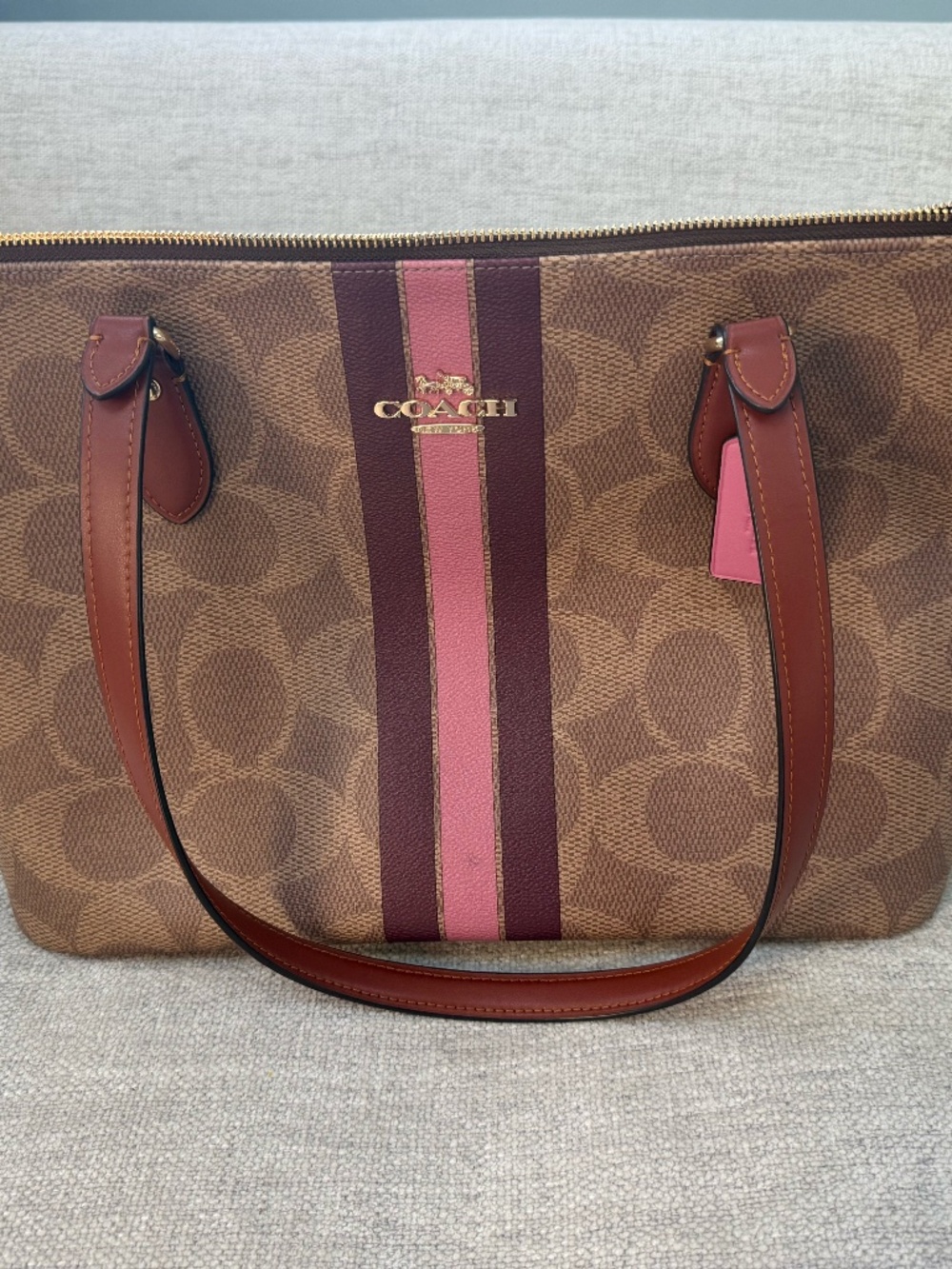 Coach Gallery Tote Bag Signature Canvas Stripe Print CBM18 Gold/Tan Multi